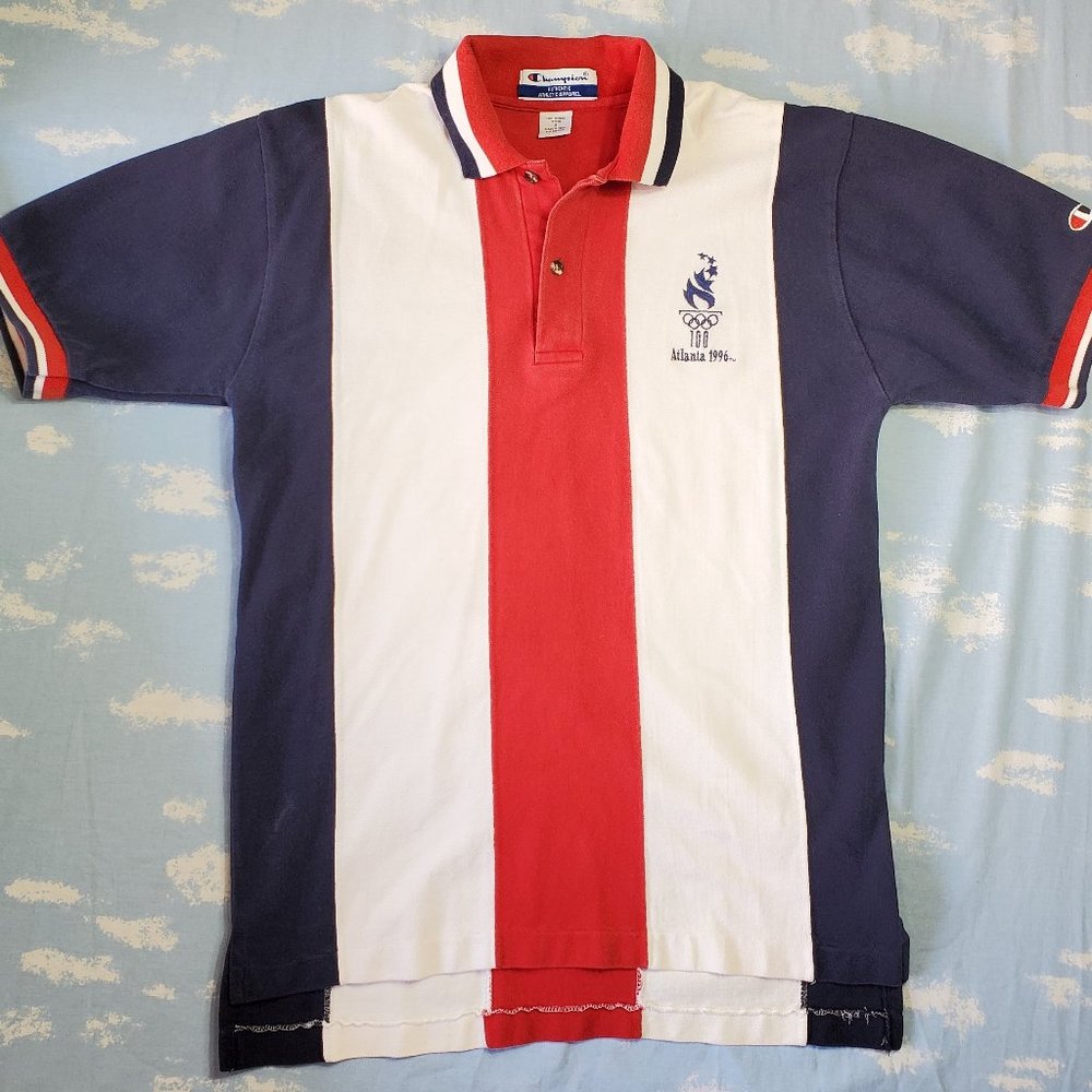 Vintage Champion Atlanta 1996 Striped Polo Shirt